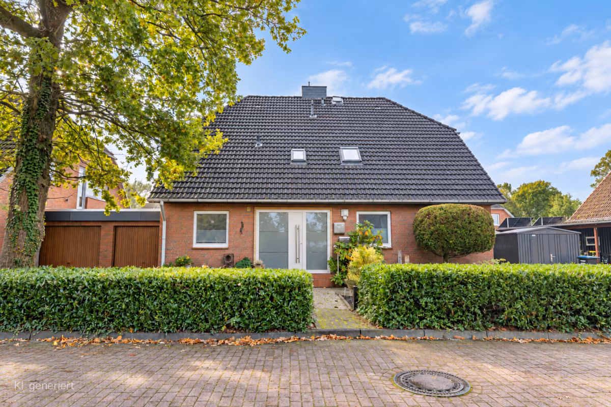 Modernes Ziegelhaus mit gepflegtem Vorgarten
