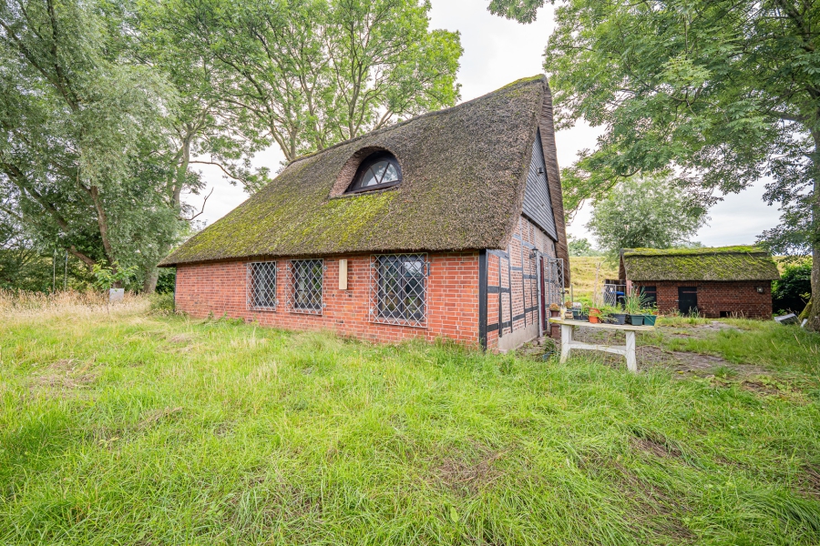 Hinteransicht - Reetdachhaus mit großzügigem Grundstück und ländlichem Flair – Ihr neues Zuhause in ruhiger Naturidylle