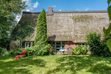 Idyllisches Reetdachanwesen mit Scheune und Gästehaus inmitten von Apfelplantagen nahe dem Ostedeich! - Garten Rückseite